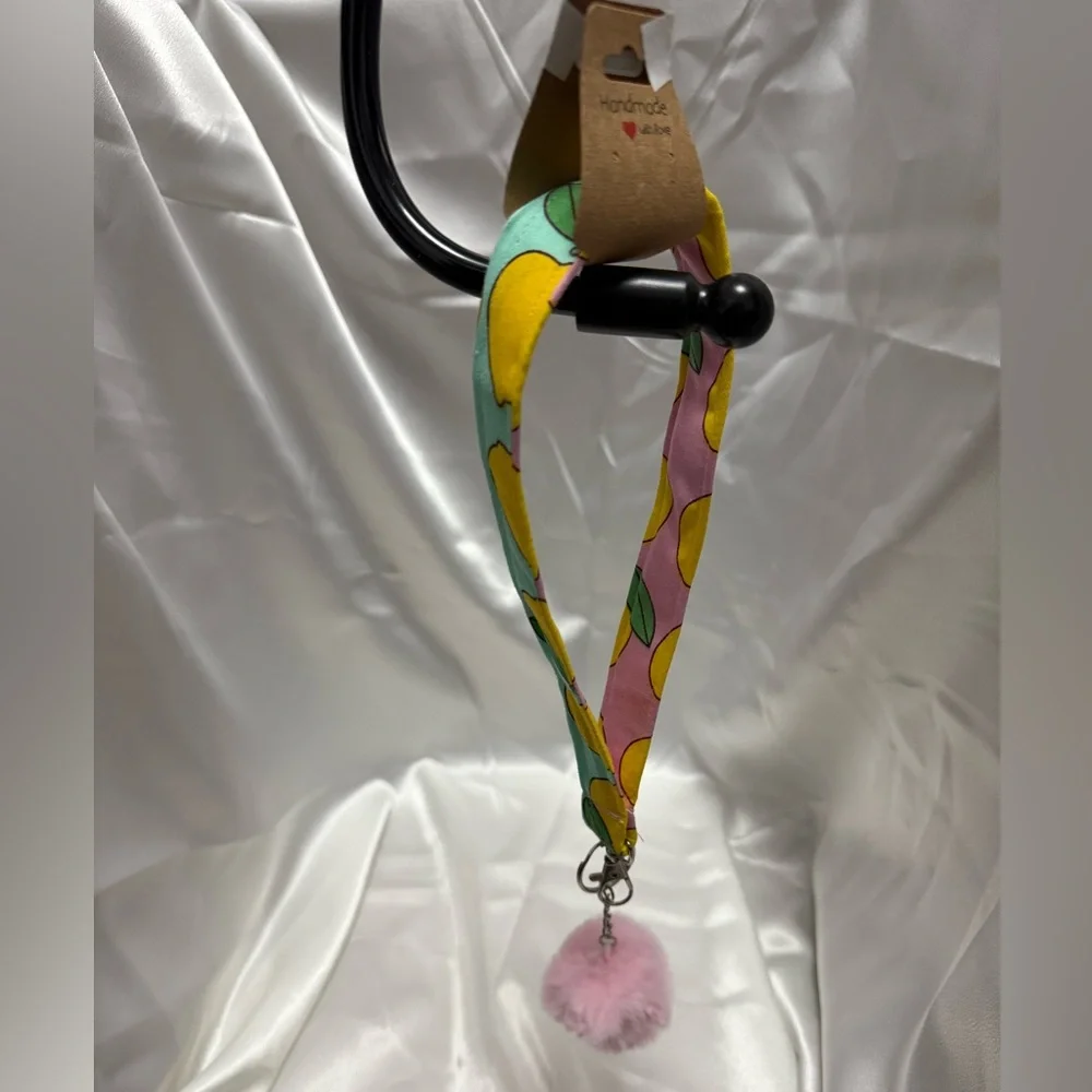 Handmade Colorful Lemon Wristlet Keychain with Light Pink Pompom